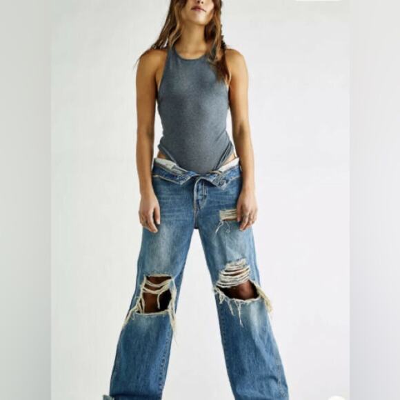 FREE PEOPLE Womens Extreme Wide Leg Light Wash Distressed Denim Jeans Size 25 - Picture 11 of 12